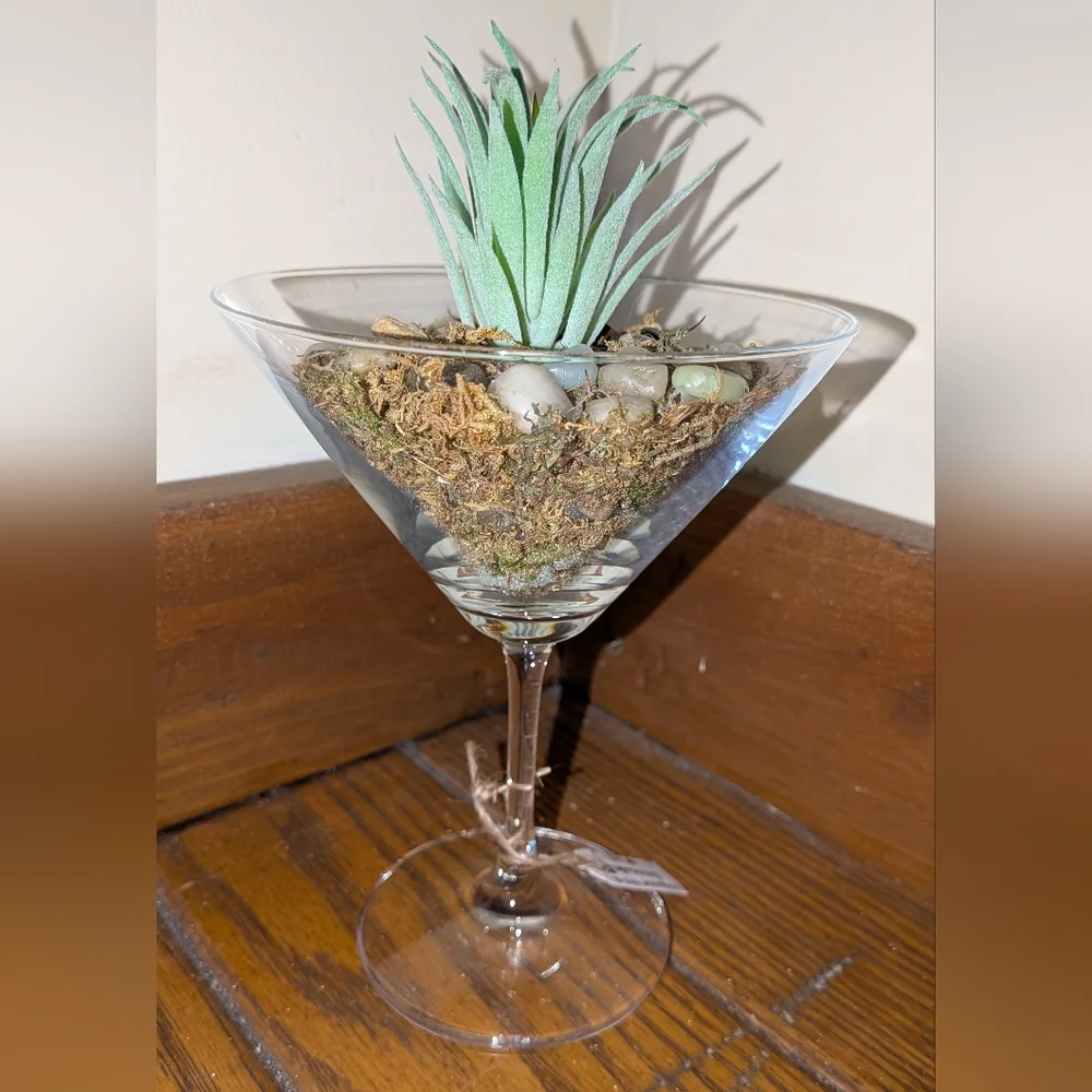 Handmade Glass Martini Terrarium with Faux Succulent - Picture 2 of 2